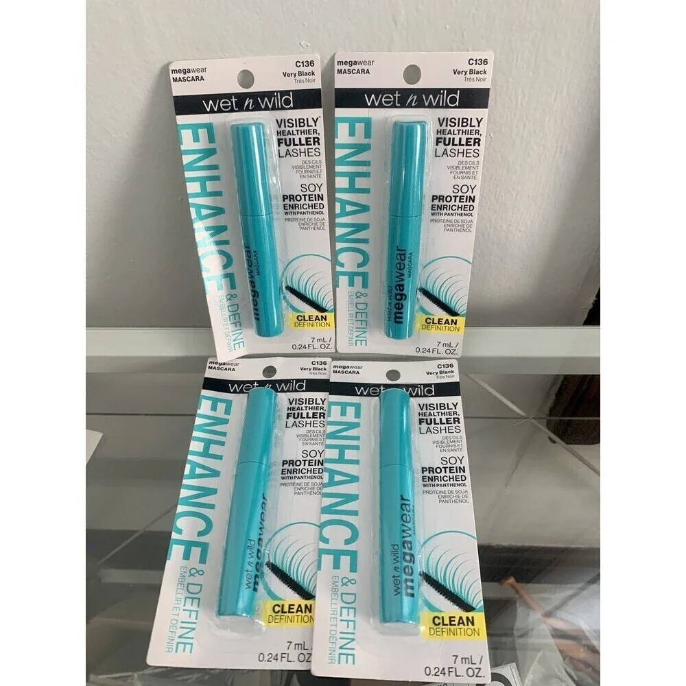 (4) Wet 'n Wild Megawear Mascara #C136 Very Black New Set Clean Fuller